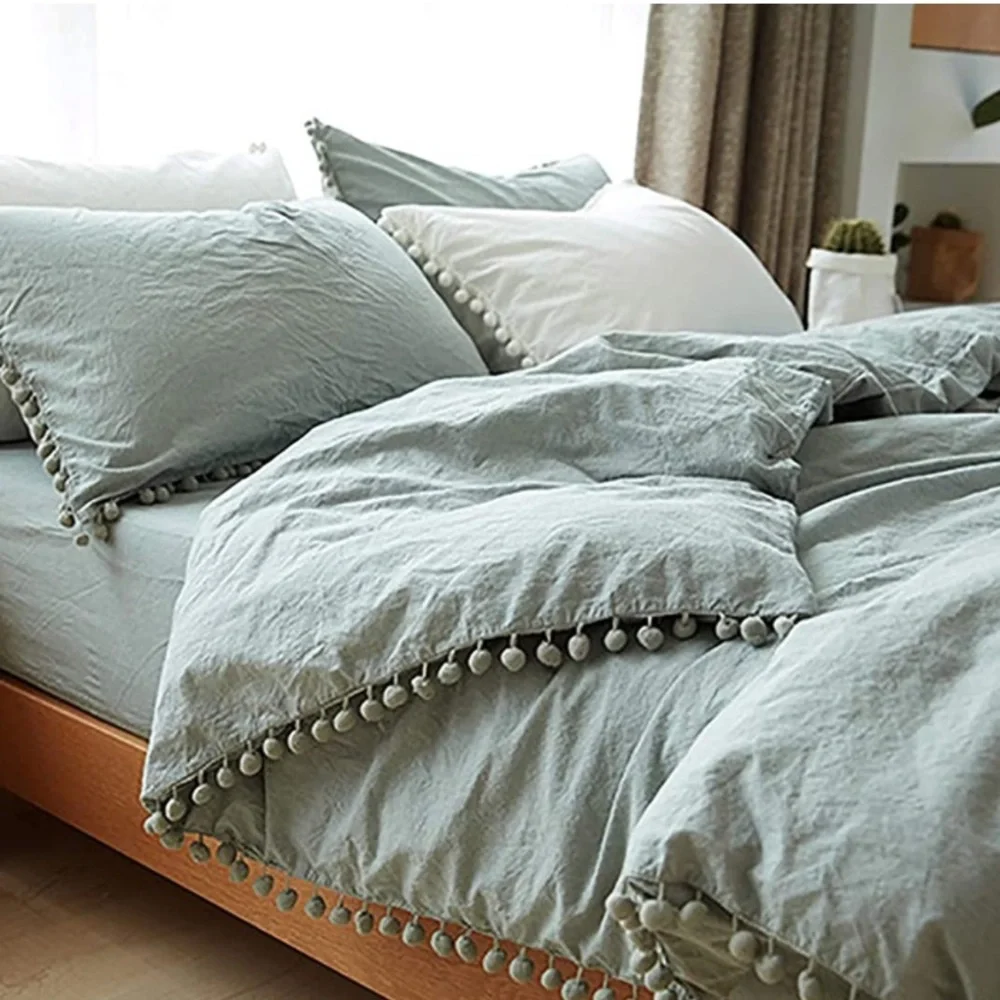 New SAGE GREEN Pom Pom Fringe Duvet Cover Set